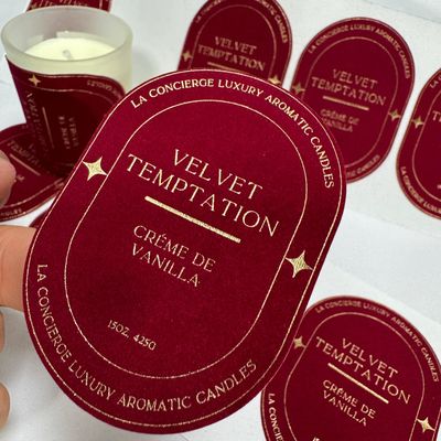 주문 친환경 맞춤형 인쇄 로고 벨벳 엠보싱 골드 캔들 라벨 스티커 (캔들 용기용) online manufacture